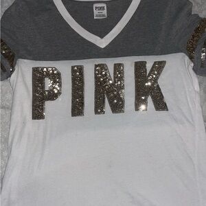 PINK Victoria's Secret Kids Sequin Logo Tee - Gray and White